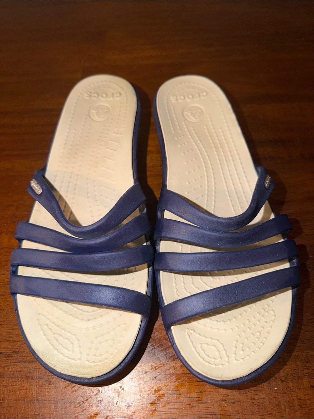 Crocs Ladies Strappy Wedge sandals. Blue and cream. Size w7.